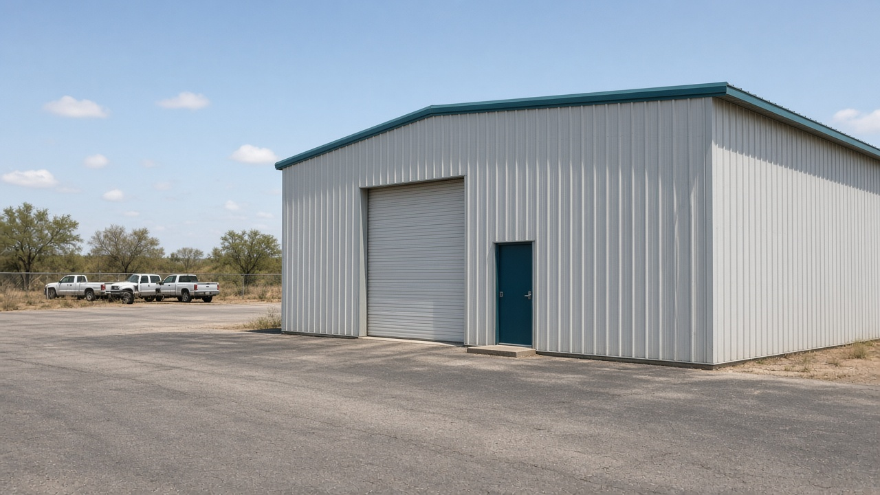 White metal shop building on an Edinburg industrial-park lot