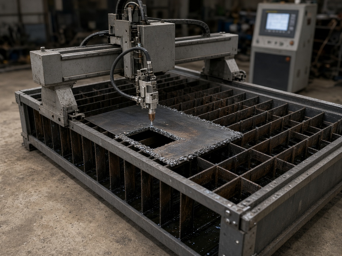CNC plasma table with a cut plate on the slats